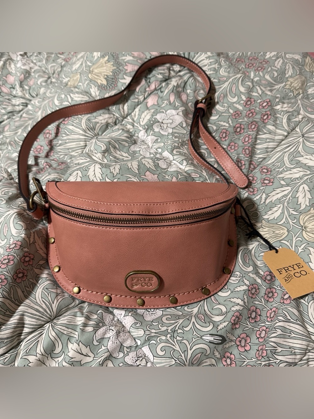 FRYE AND CO. Dusty Rose Leather Crossbody Belt Bag with Gold Studs